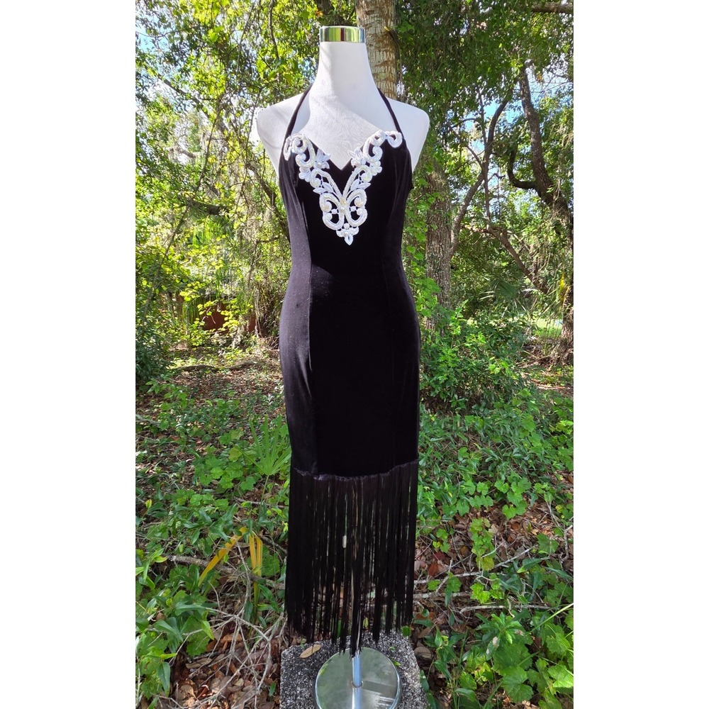 Vtg Speed 80s USA Black Velvet White Lace Formal Cocktail Party Dress Flapper‎ S